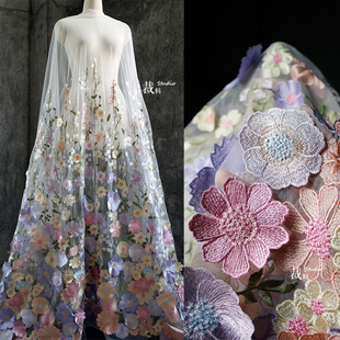 悬浮花 立体彩色镂空大花朵刺绣网纱面料裙婚庆礼服装设计师布料