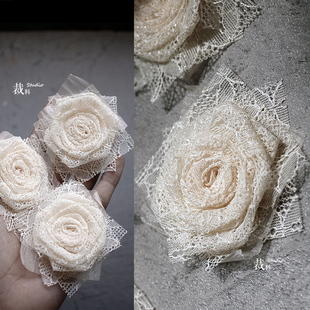 辅料 饰diy胸花服装 手作玫瑰 纯手工米色蕾丝复古立体花朵头饰装