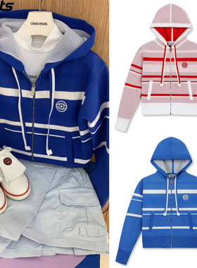 韩国代购CRAIG KARL高尔夫26春条纹连帽运动户外长袖针织衫开衫女