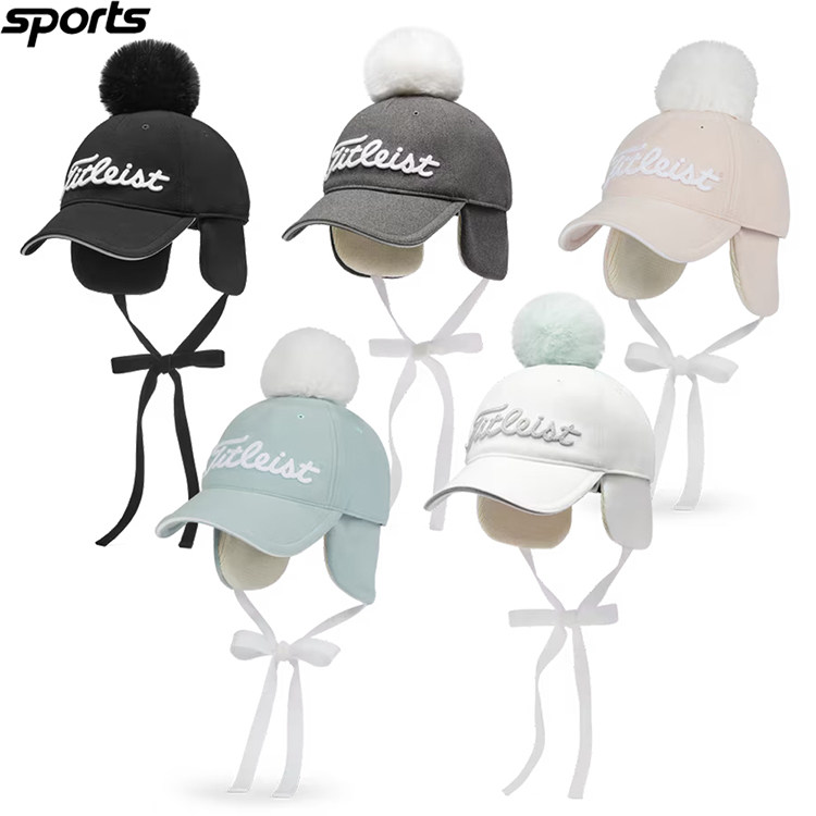 韩国代购titleist高尔夫25秋冬毛绒球蝴蝶结护耳罩保暖户外女球帽