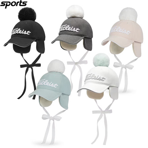 韩国代购titleist高尔夫25秋冬毛绒球蝴蝶结护耳罩保暖户外女球帽