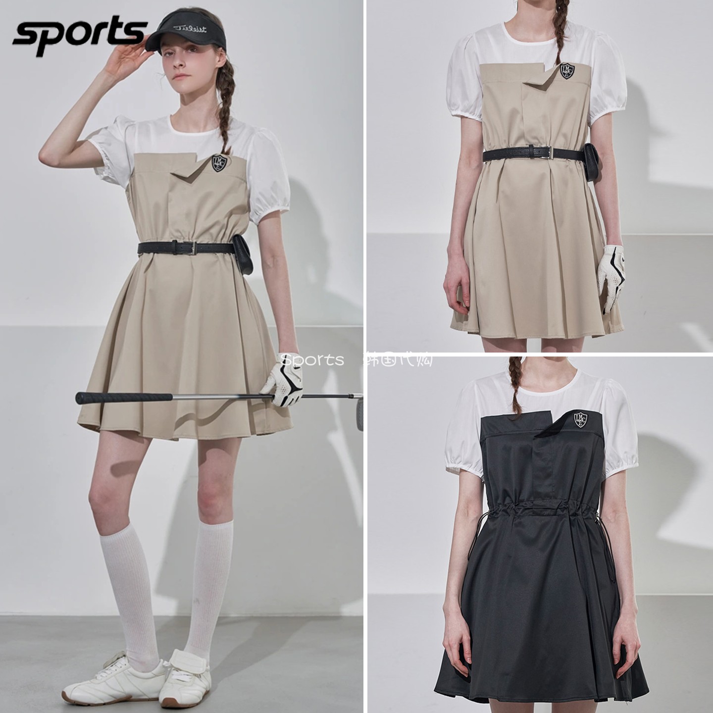 韩国代购LeNIC高尔夫26夏泡泡袖拼接收腰运动大裙摆短袖连衣裙女