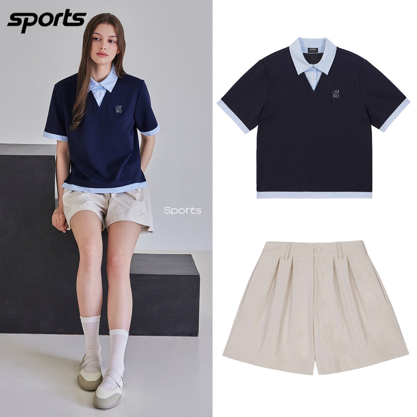 韩国代购GOXO高尔夫26年夏POLO衫短袖T恤A字型短裤运动户外女套装