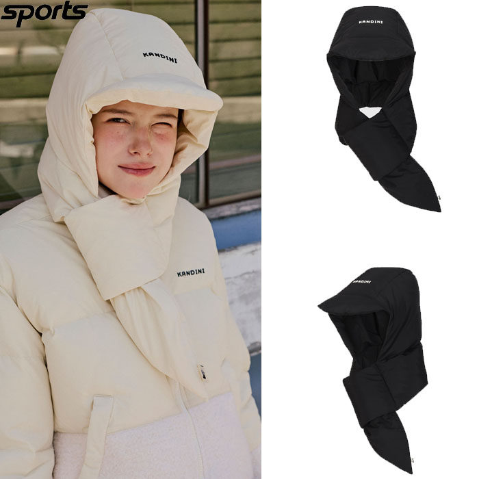 韩国代购Kandini高尔夫配饰25冬女纯色鹅绒轻便保暖帽子围巾一体