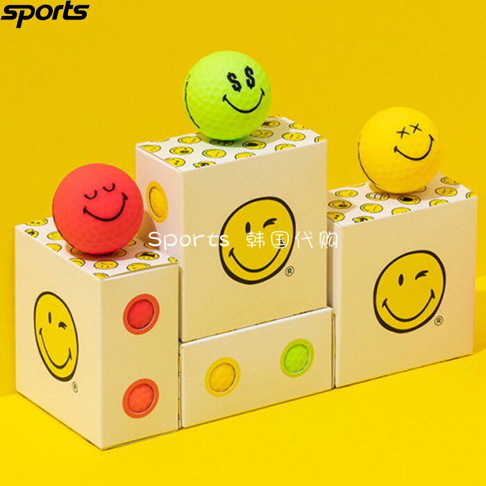韩国代购SMILEY ORIGINALS高尔夫配饰ins笑脸涂鸦荧光色练习球3层