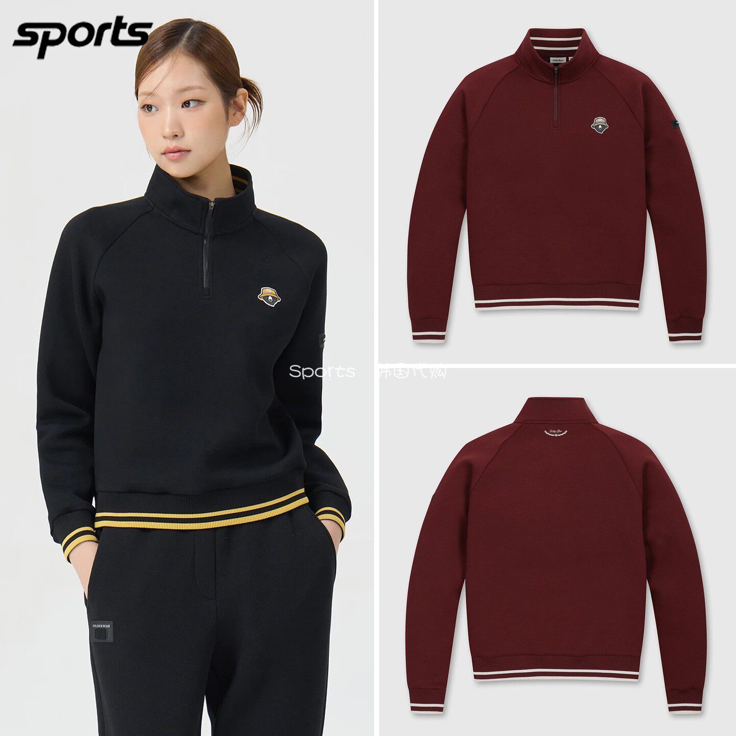 韩国代购golden bear高尔夫球服26秋冬女标志拼色运动半拉链卫衣