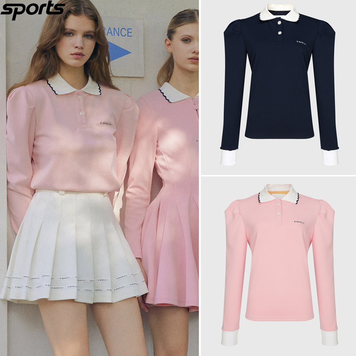 韩国代购Kandini高尔夫球服23新款女拼色翻领GOLF泡泡袖POLO衫
