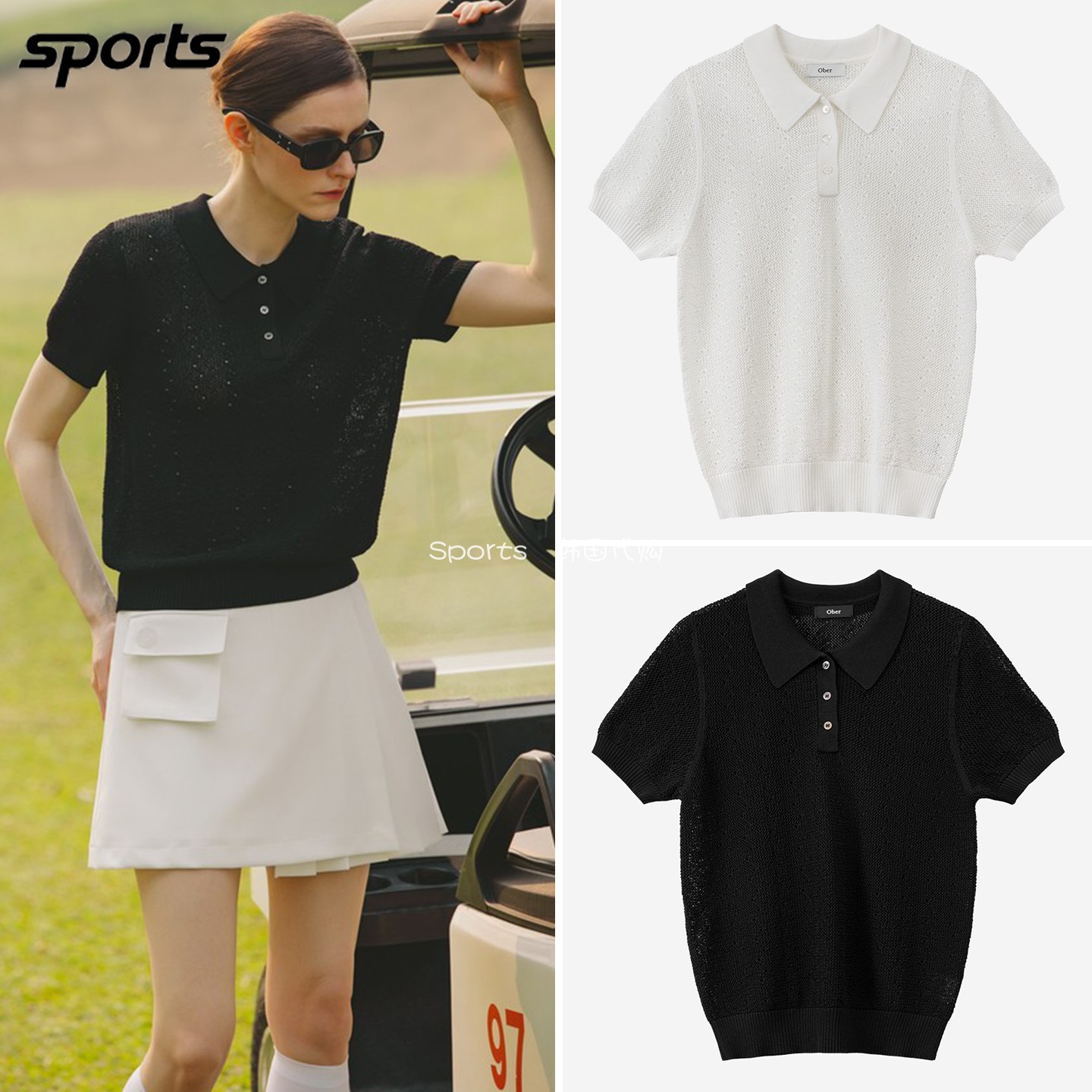韩国代购ober golf高尔夫26夏宽松镂空运动POLO衫短袖针织衫T恤女