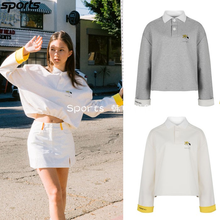 韩国代购Kandini高尔夫球服23新款女GOLF象牙白印花系绳翻领卫衣