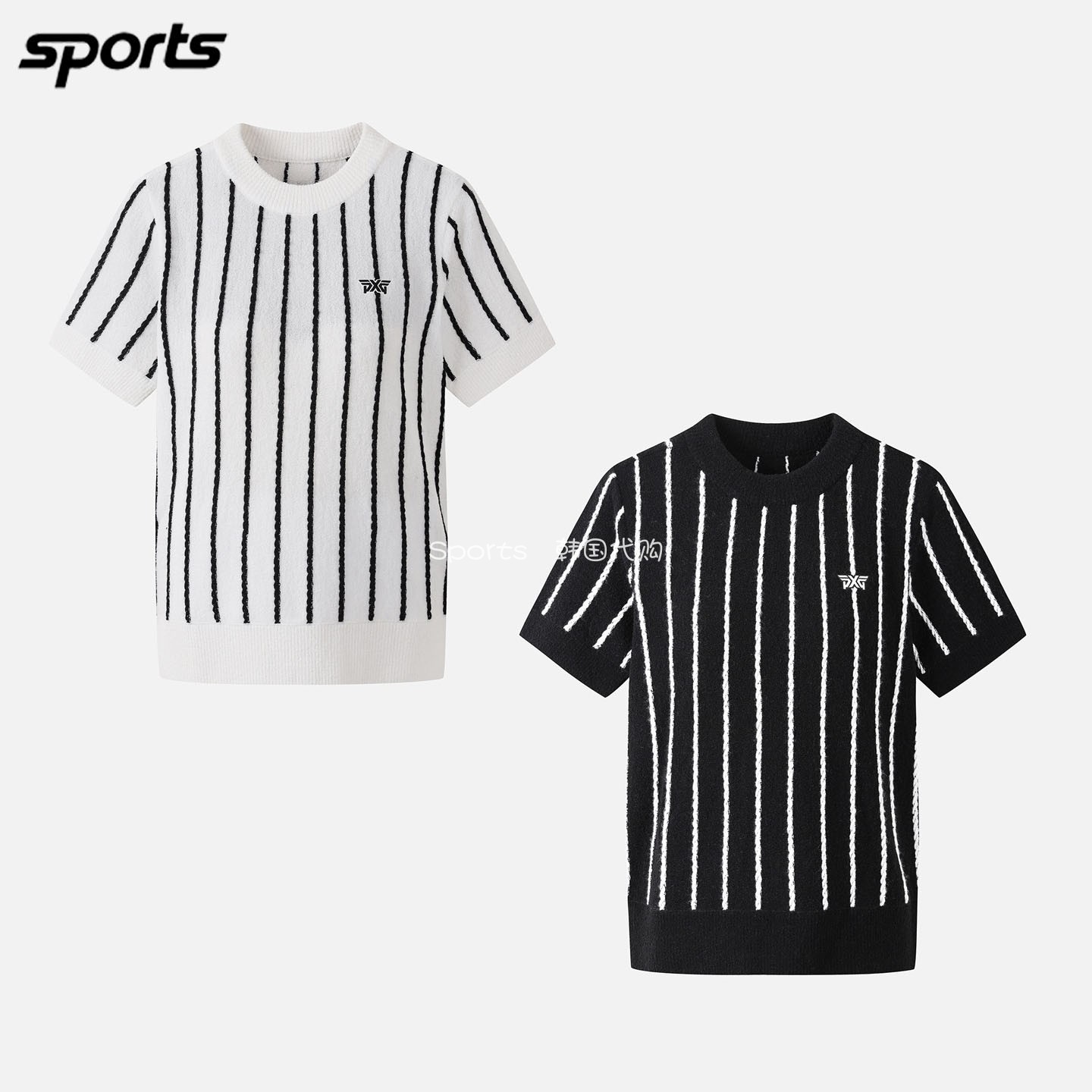 韩国代购PXG高尔夫球服26秋冬女条纹配色圆领运动休闲半袖针织衫