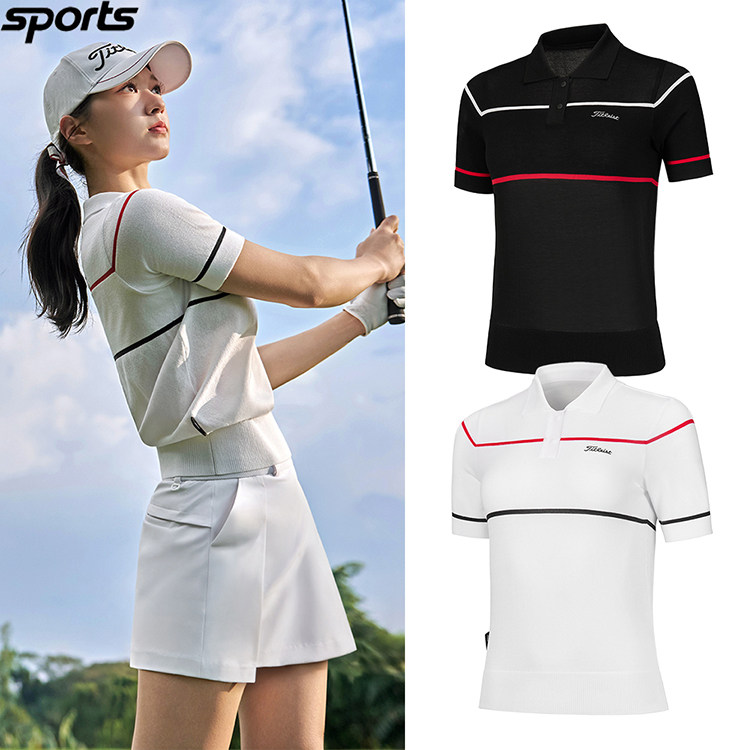 韩国代购titleist高尔夫26春夏薄款条纹运动针织POLO衫短袖T恤女