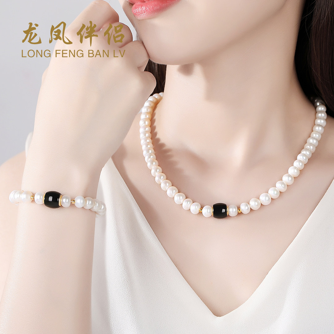 龙凤伴侣天然珍珠项链女款足金镶和田玉母亲节送妈妈婆婆生日礼物