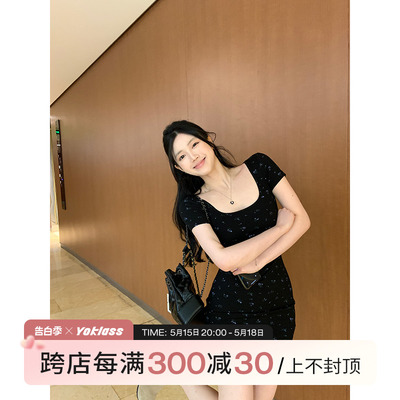 王少女的店黑色碎花短袖针织连衣长裙2024夏季辣妹显瘦包臀短裙子