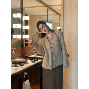 王少女的店棕色小香须边外套秋冬季法式高级感多口袋设计宽松上衣