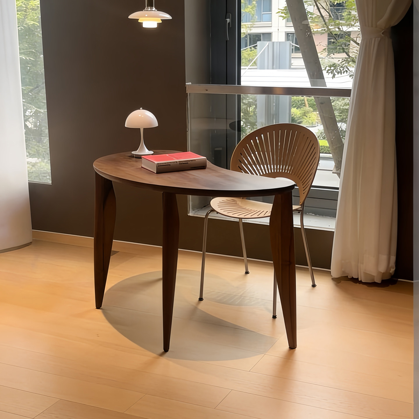 意式极简黑胡桃办公桌现代简约侘寂书房实木家用弧形小书桌电脑桌