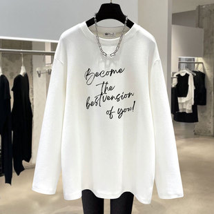 2025新款春秋冬季笔画字母潮白色德绒打底衫中长款磨毛t恤女长袖