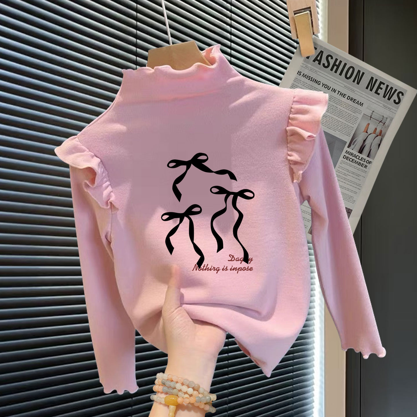 磨毛长袖T恤女中大儿童装春秋冬季韩版蝴蝶结半高领打底衫上衣潮