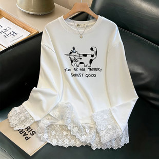 白色蕾丝t恤女长袖春秋冬季斑纹猫咪搭配鲨鱼裤的上衣加绒打底衫