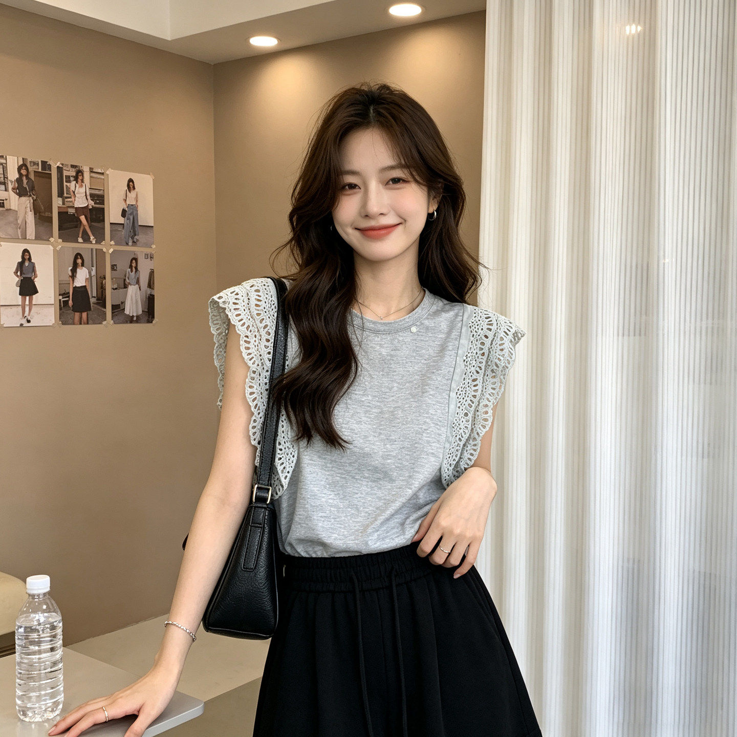 白色t恤女无袖2026新款夏季韩版洋气大版宽松蕾丝拼接小飞袖上衣