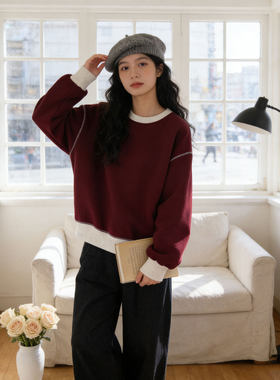 红色卫衣女加绒2026新款春秋冬季薄款韩版休闲宽松撞色假两件上衣