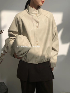 十三行 FST 秋冬复古港风休闲立领宽松机车服PU皮衣外套女皮夹克