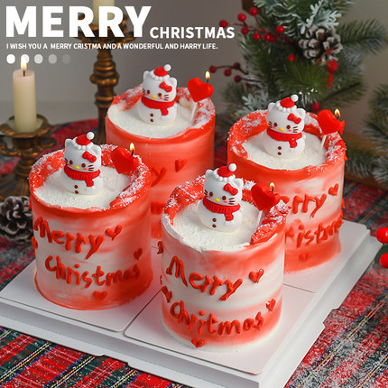 网红圣诞节雪人KT猫蛋糕装饰摆件HelloKitty红色爱心蜡烛圣诞插件