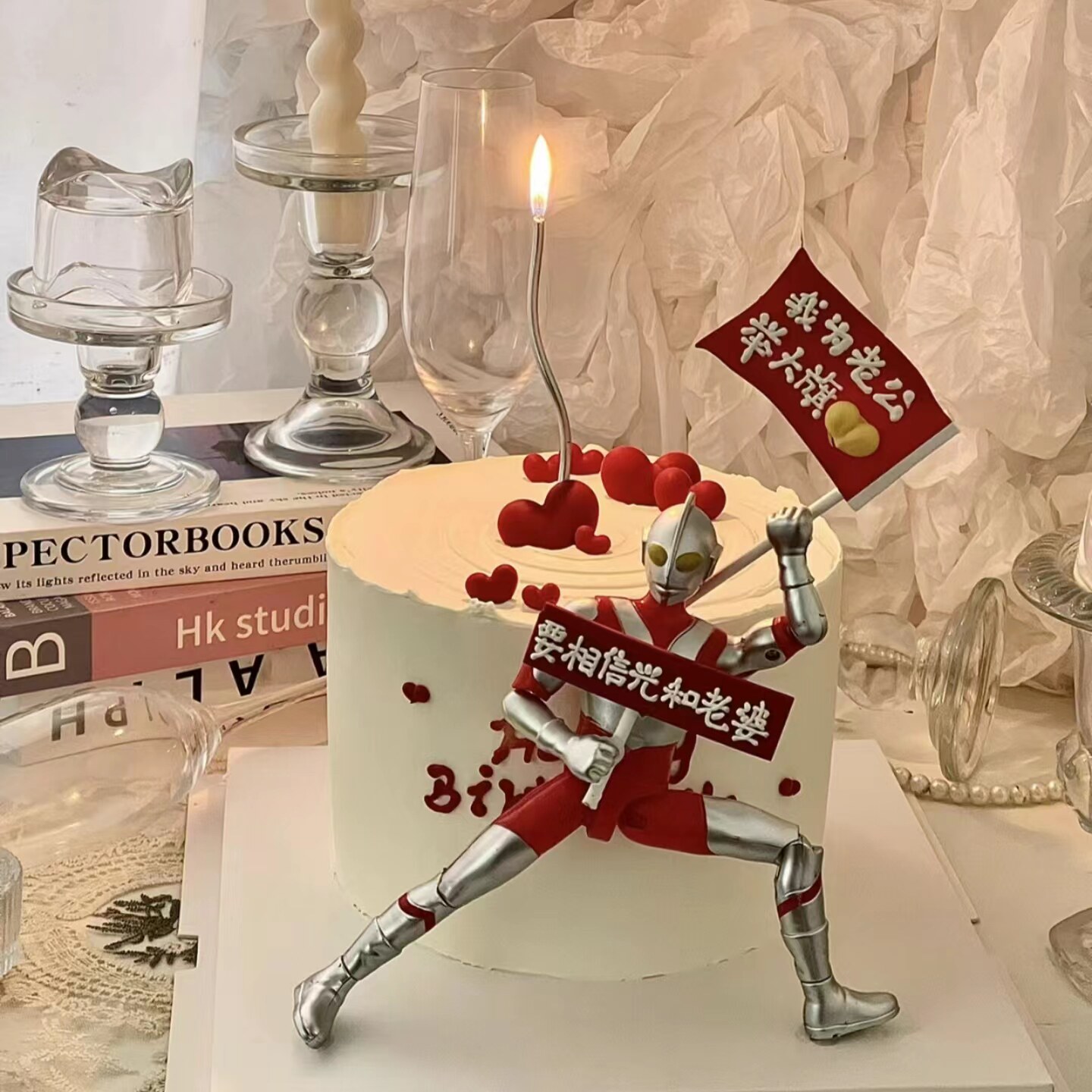 网红变形超人蛋糕装饰摆件搞笑恶搞英雄战士银色蜡烛男神生日装扮