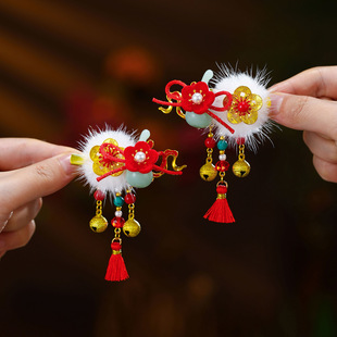 新款秋冬新年汉服发饰可爱小葫芦毛球发夹儿童过年喜庆拜年服对夹