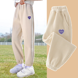 女童加绒裤子春秋2026新款中大儿童裤春装灯芯绒卫裤运动薄绒长裤