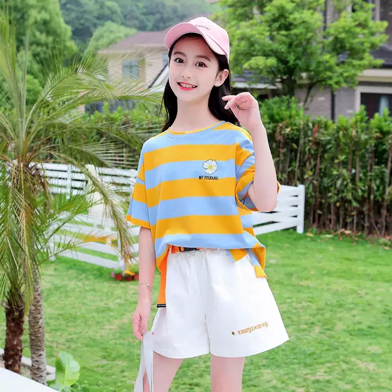 女童夏季套装洋气时髦2022年新款夏装12女大童短袖短裤两件套13岁
