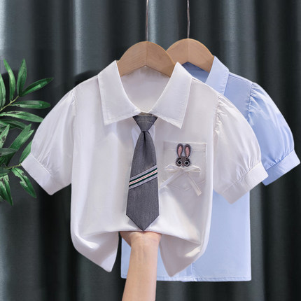 女童短袖衬衫夏季2025新款儿童学院风白衬衣女孩夏装薄款纯棉上衣