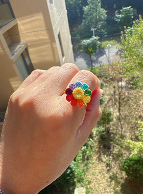 微钩戒指蕾丝线钩织成品九色花七色花戒指80号蕾丝线钩织戒指