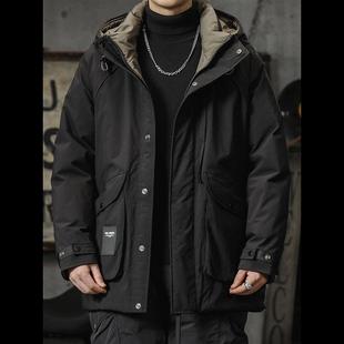 冬季连帽羽绒服男中长款美式派克工装复古保暖加厚户外休闲冲锋衣