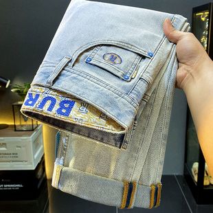 男士 九分牛仔裤 美式 休闲凉感浅色修身 子 高端夏季 小脚痞帅长裤 薄款