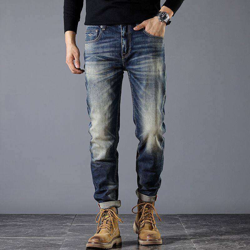 赤耳丹宁牛仔裤男装春秋潮牌修身直筒复古怀旧重工水洗长裤子重磅