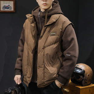 连帽羽绒服男冬季2023新款潮鹅绒男士工装三合一卫衣拼接外套大码