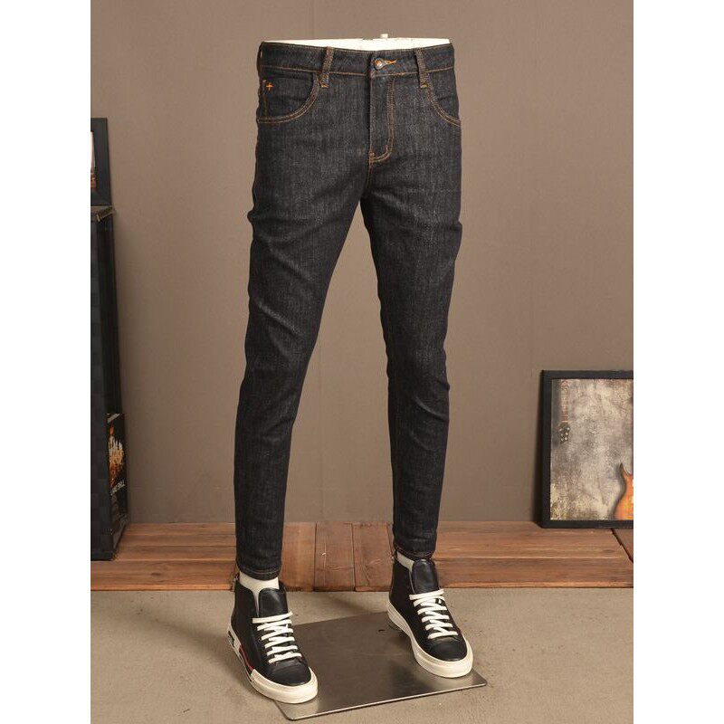 夏季薄款原色牛仔裤男潮牌弹力修身潮流韩版复古黑色休闲小脚裤子