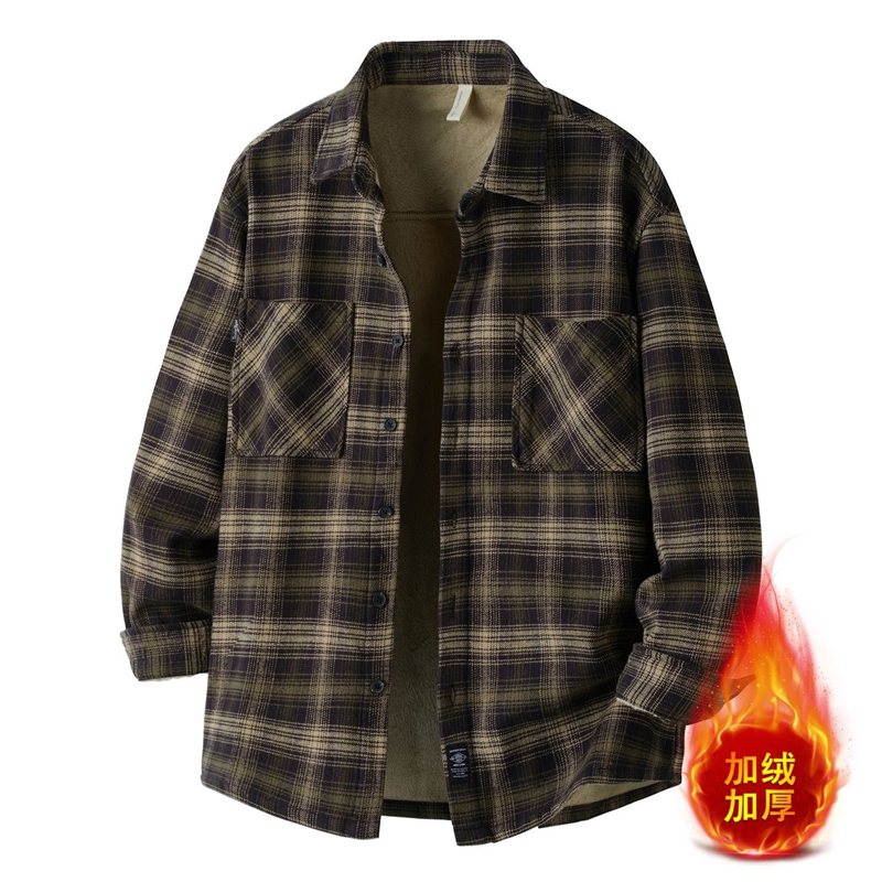 冬季新款加绒加厚休闲长袖格子衬衫男装内搭宽松上衣保暖衬衣外套