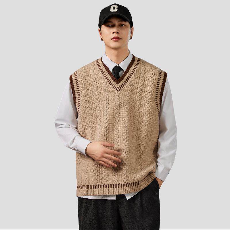 秋冬季日系学院风麻花无袖背心毛衣男休闲V领针织衫情侣宽松坎肩