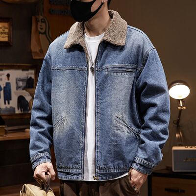 复古翻领羊羔绒加厚牛仔外