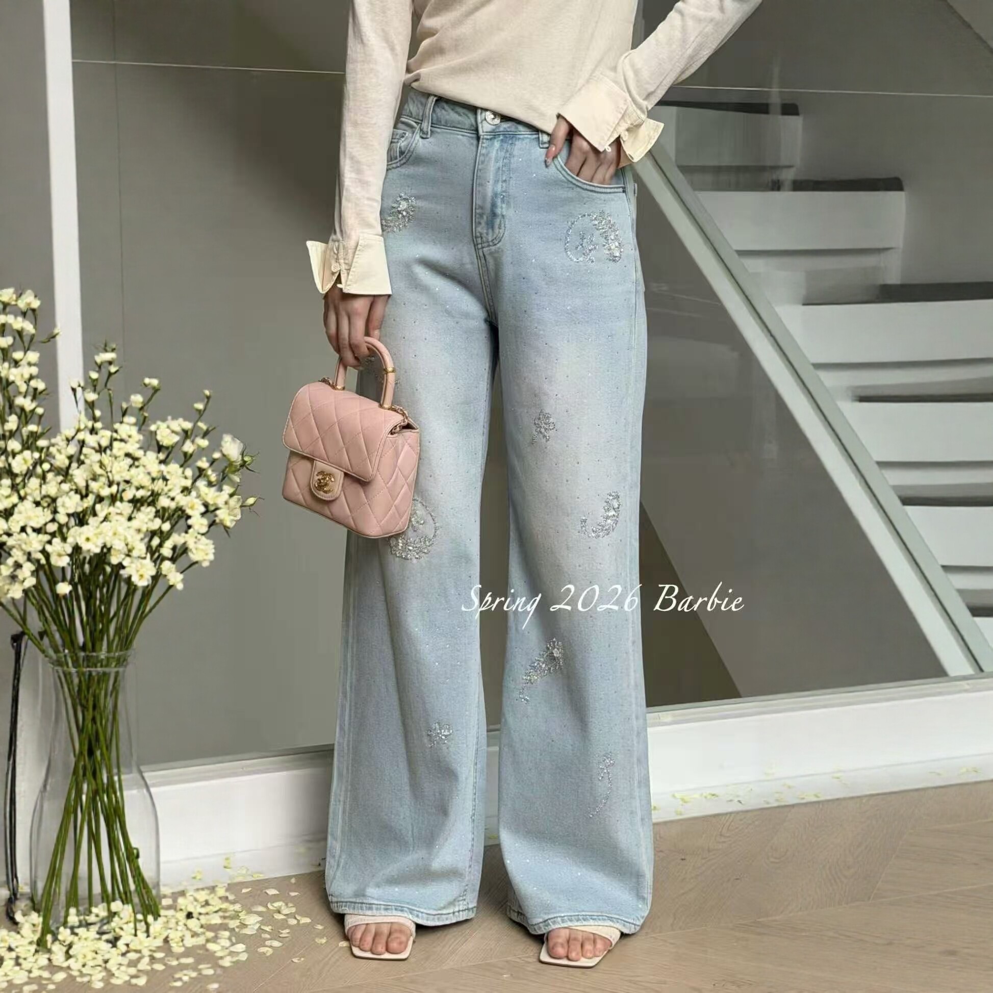 高级感烫钻牛仔裤欧洲站2026春季新款Dong.one百搭休闲阔腿裤女