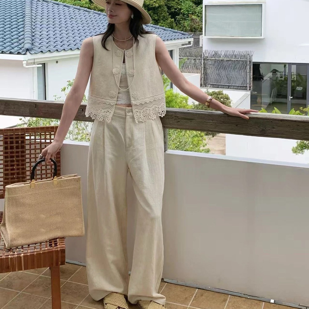 2025夏季高级感蕾丝马甲阔腿裤女