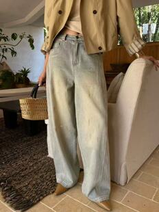.com高腰百搭阔腿裤 复古磨白做旧亮片牛仔裤 新款 欧洲站2026春季