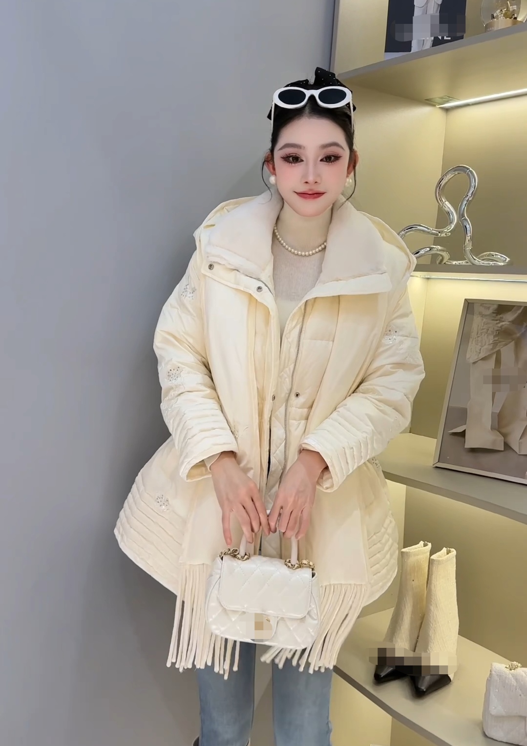 欧洲站2025冬季新款Dong.one设计感围巾连帽亮片中长款羽绒服外套