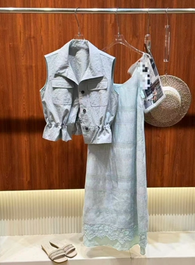 欧洲站2026夏季新款DT.Dong气质翻领无袖马甲蕾丝吊带连衣裙套装