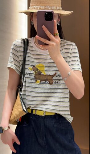 2026夏季卡通小狗圆领条纹T恤女
