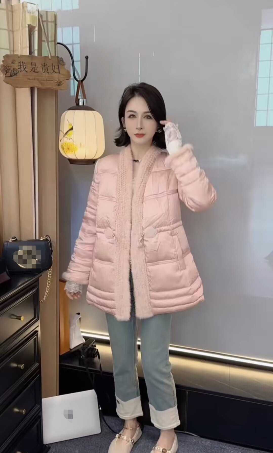 欧洲站2025冬季新款Dong.one高级感水貂毛抽绳收腰中长款羽绒服女