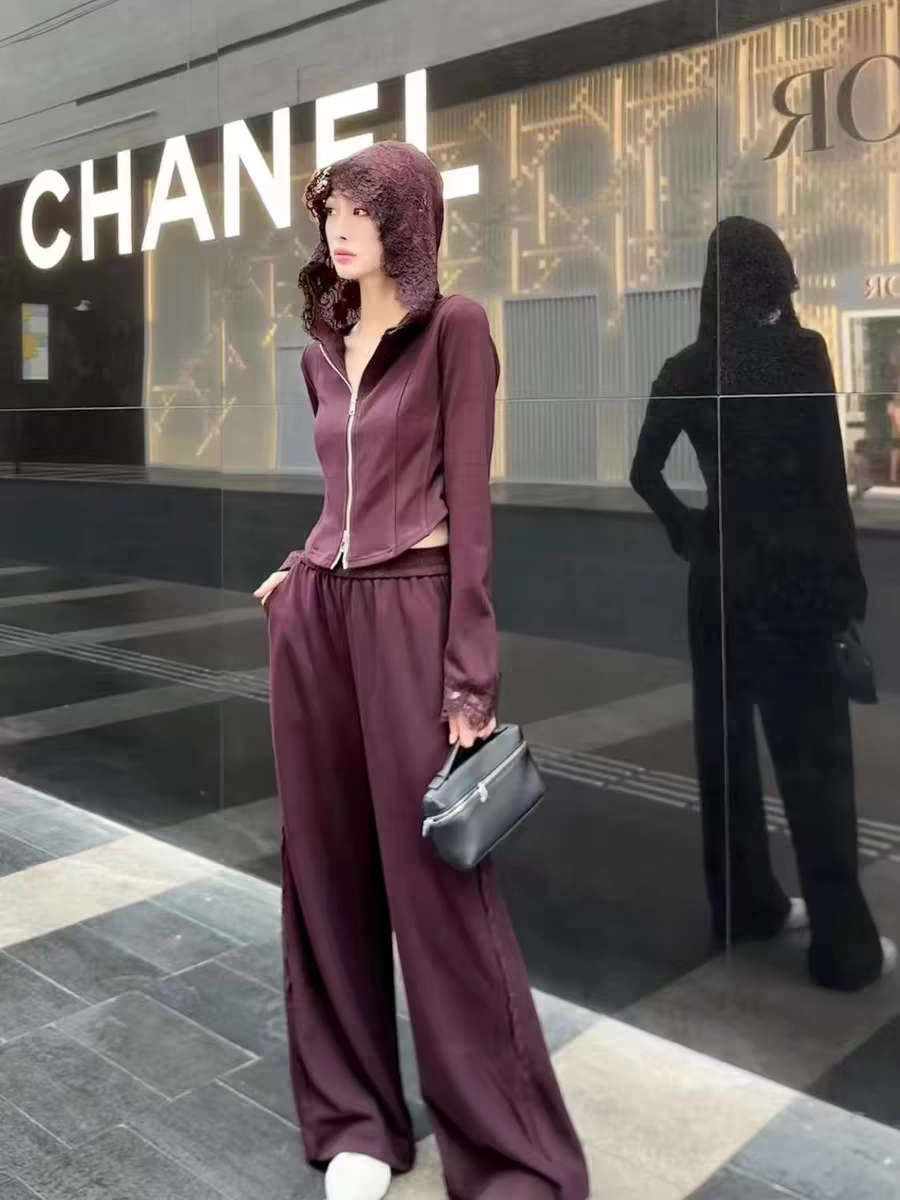 2024秋季蕾丝连帽外套高腰阔腿裤