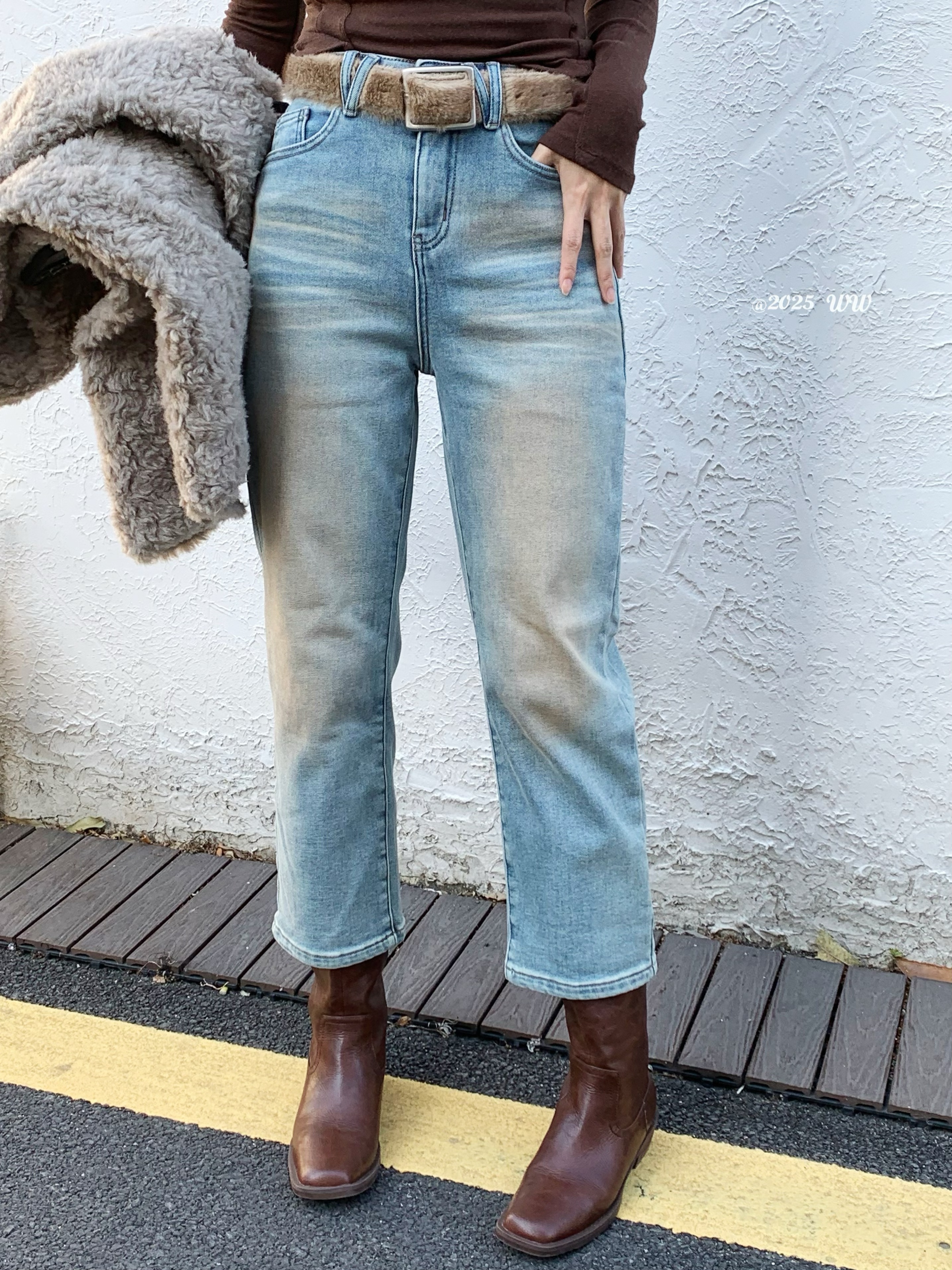 2025冬季新款高腰加绒九分直筒裤