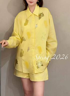 欧洲站2026夏季新款DT.Dong设计感亮片刺绣长袖衬衫高腰短裤套装